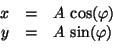 \begin{displaymath}\begin{array}{rcl} x &=& A\,\cos(\varphi)\\  y &=& A\,\sin(\varphi) \end{array}\end{displaymath}